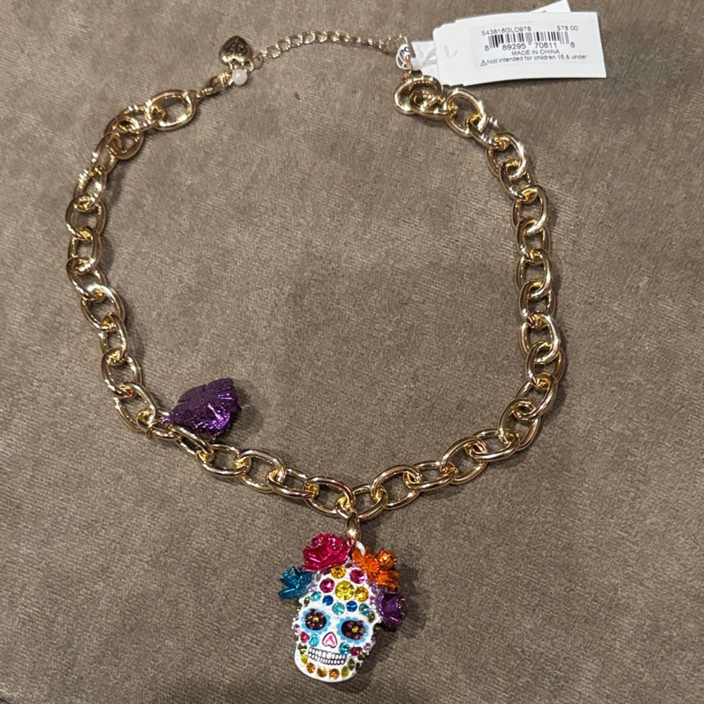 Betsey Johnson Multicolor Skull Necklace with Gold Chain